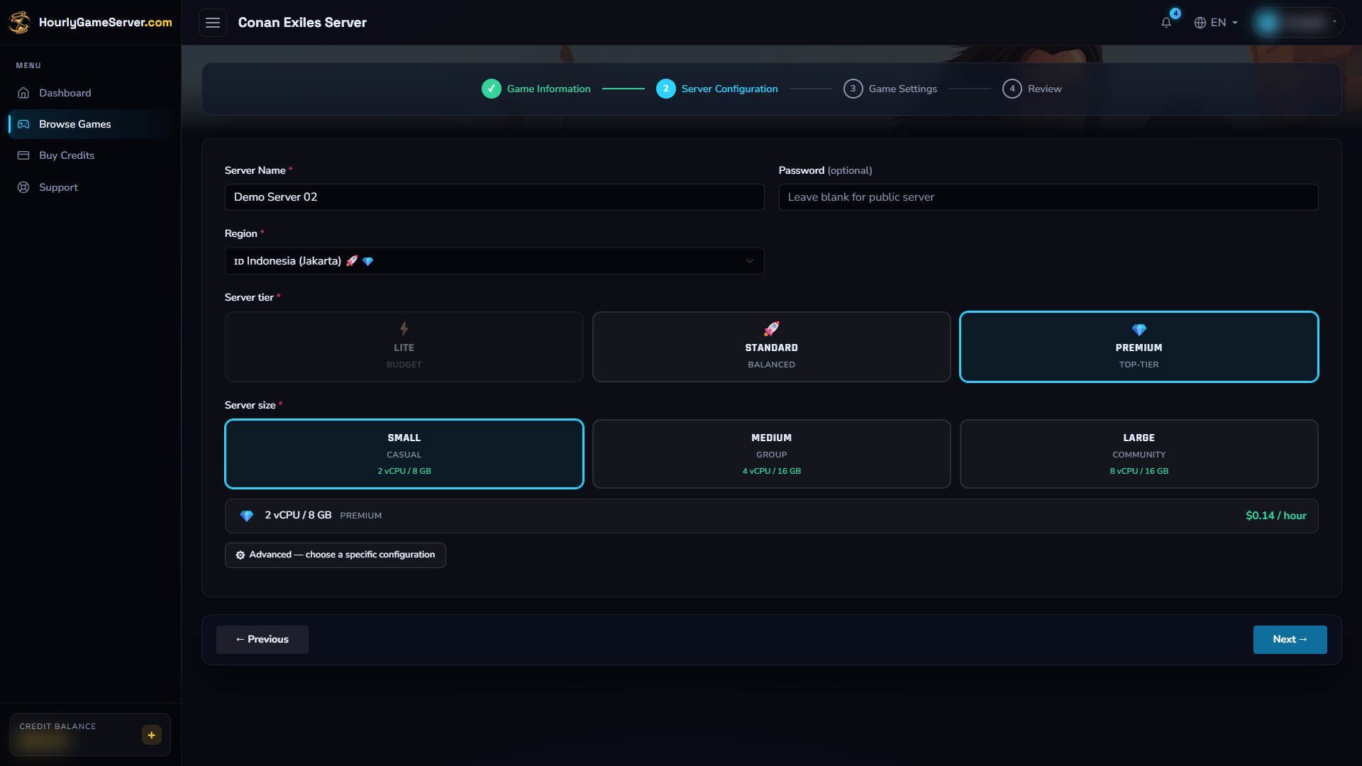 Conan Exiles creation form showing region, tier, size, and hosting specifications