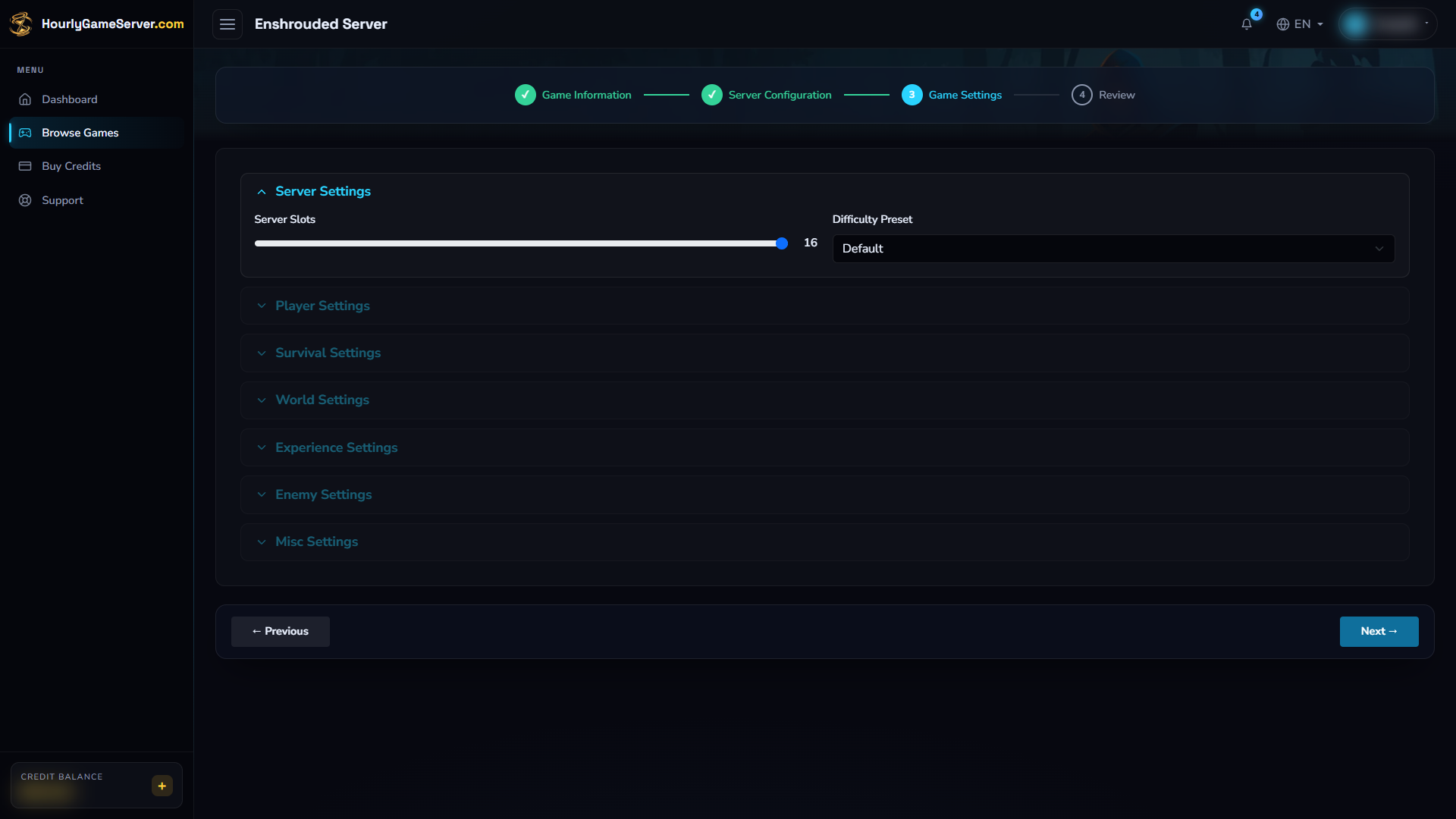 Enshrouded settings showing 16 Server Slots and the Default difficulty preset