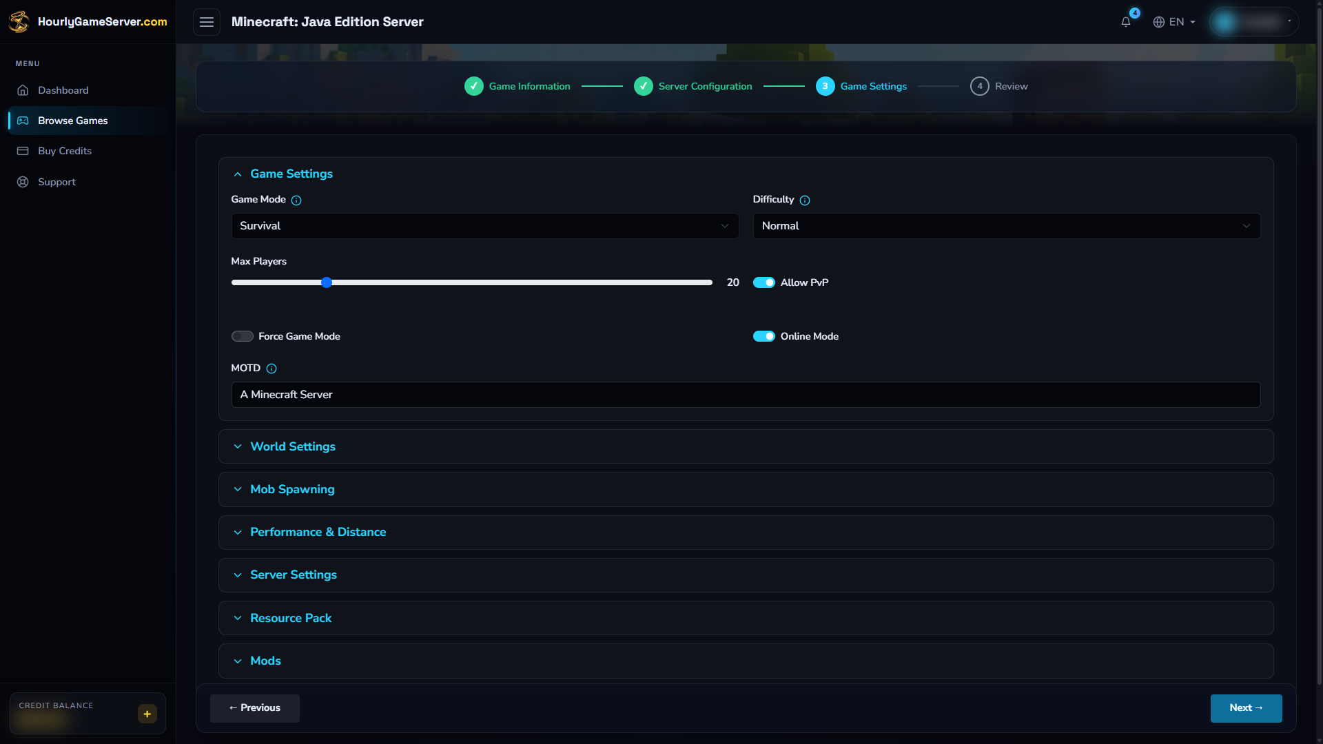 Minecraft's initial Game Settings group showing Survival, Normal difficulty, player limit, PvP, Online Mode, and MOTD