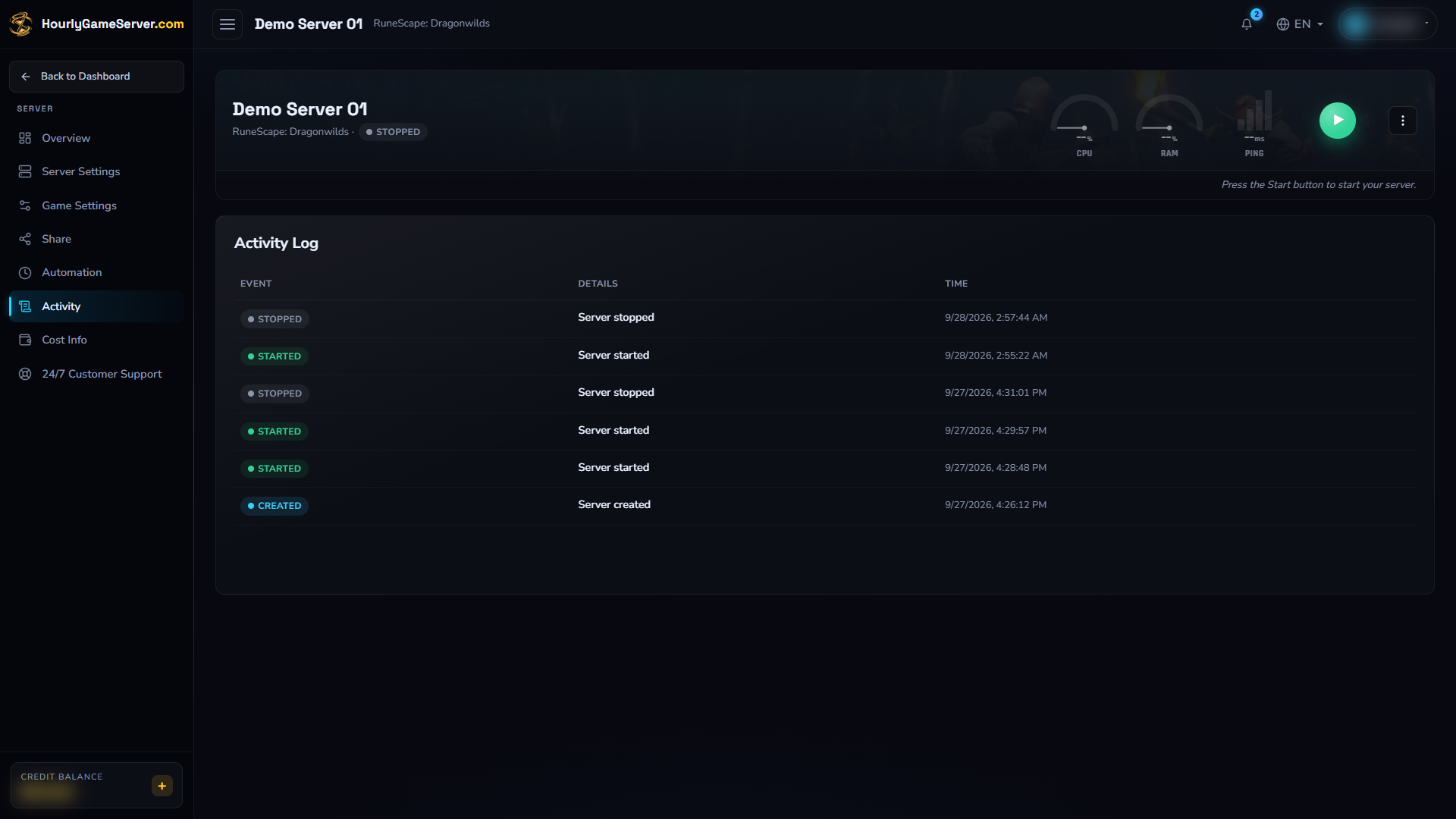 Dragonwilds Activity Log showing recorded creation, startup, and shutdown events