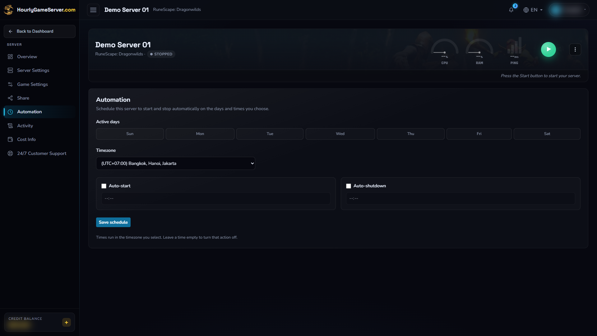 Automation showing disabled start and shutdown controls, empty times, and no selected days