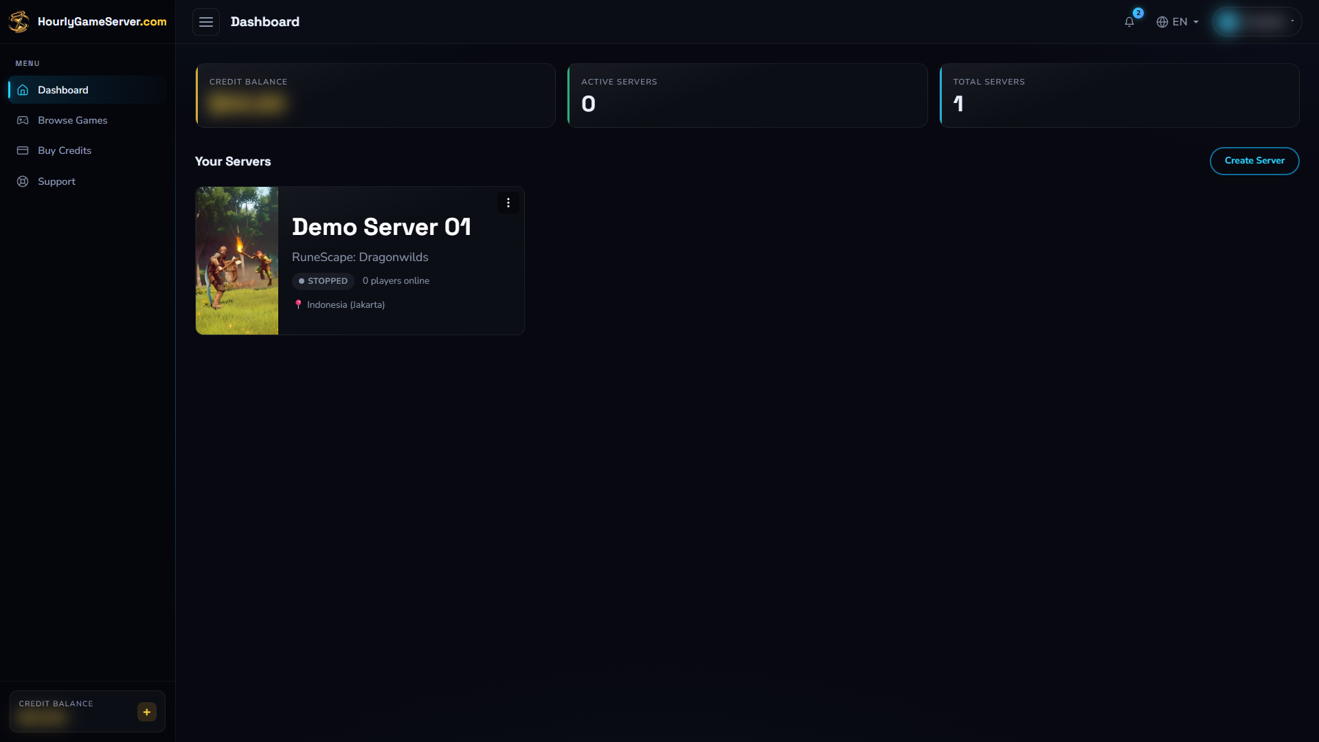 Dashboard with balance summary, a stopped demo server card, and Create Server
