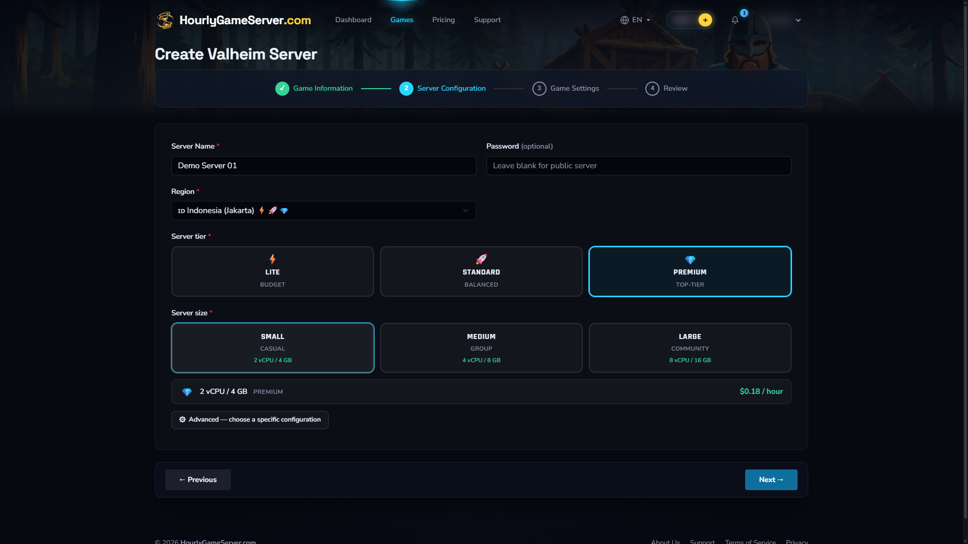 Valheim Server Configuration step with region, tier, and size controls
