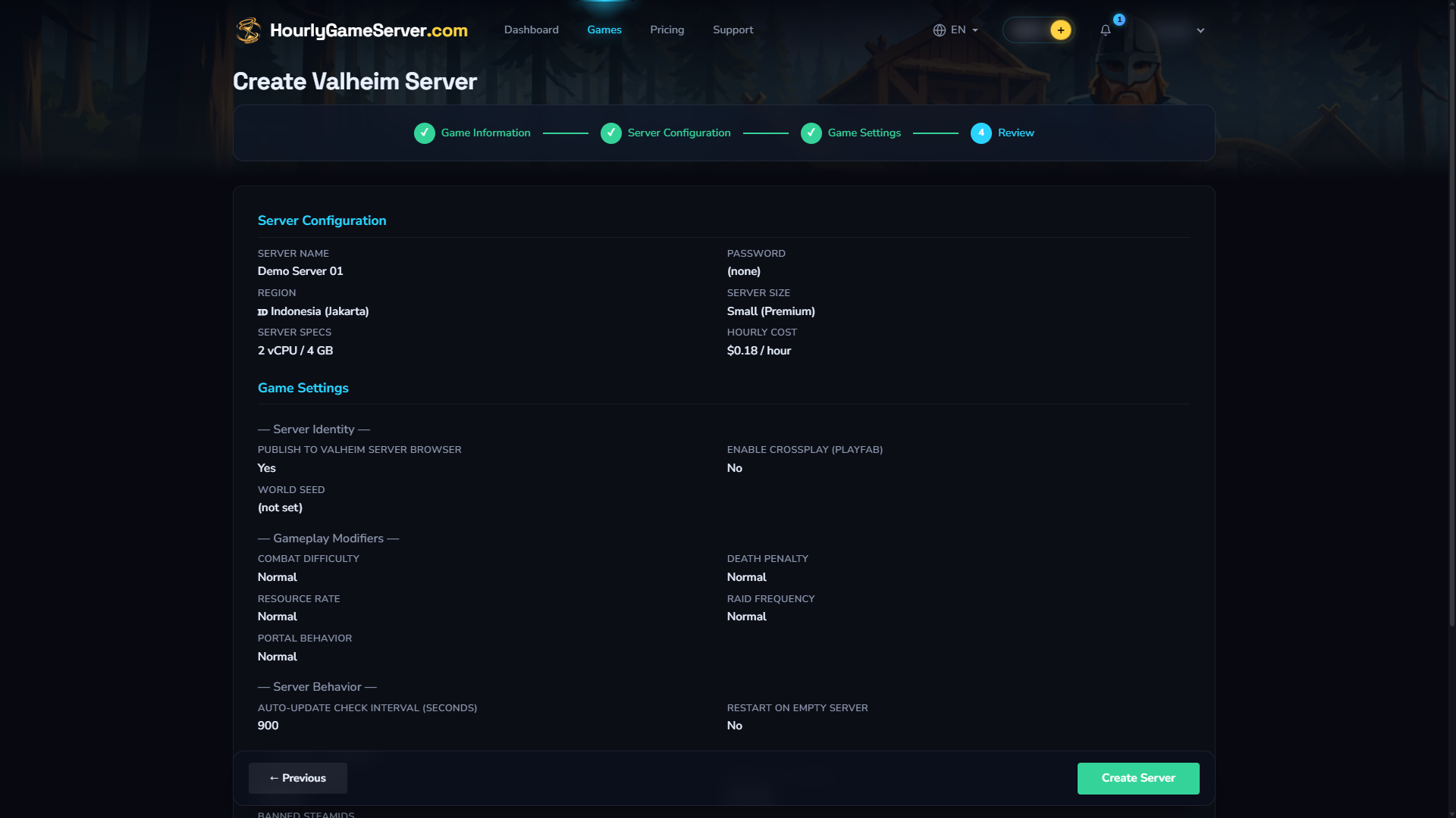 Valheim Review step showing the configuration summary before submission