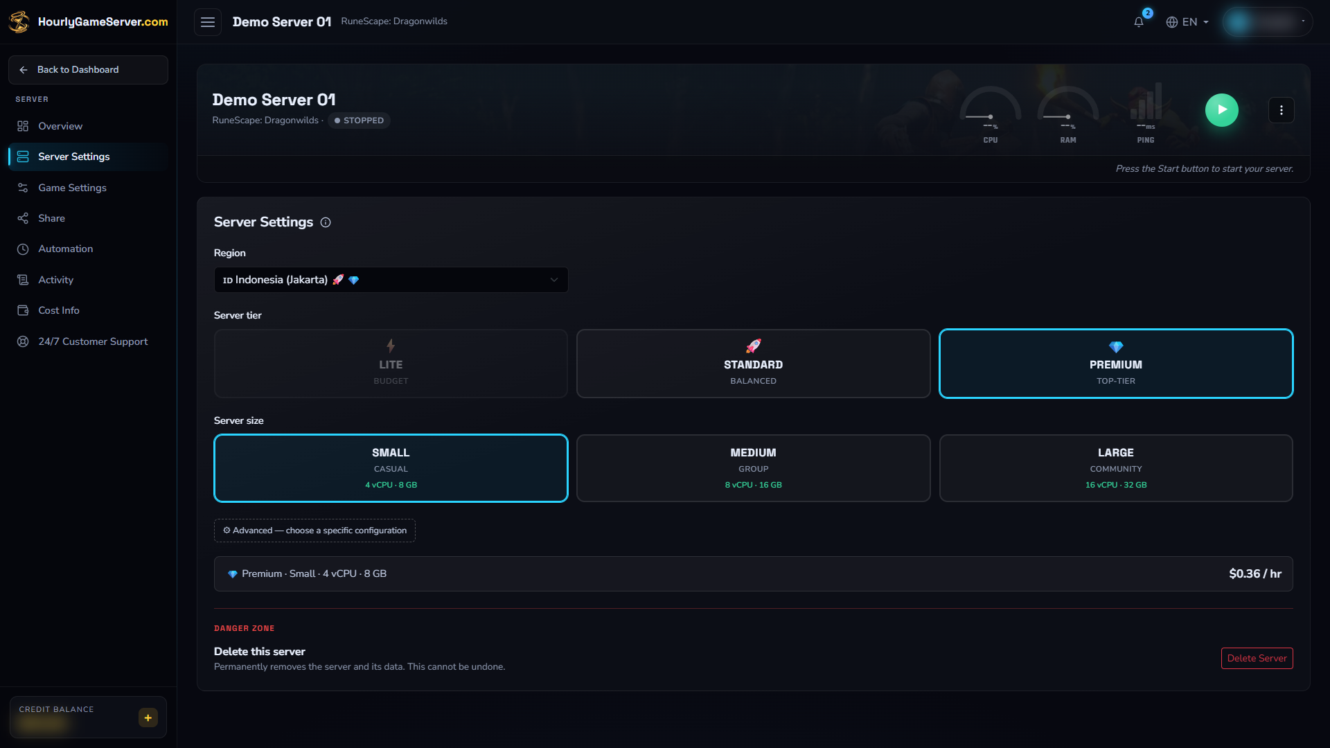 Server Settings for a stopped Dragonwilds server with region, tier, size, and deletion controls