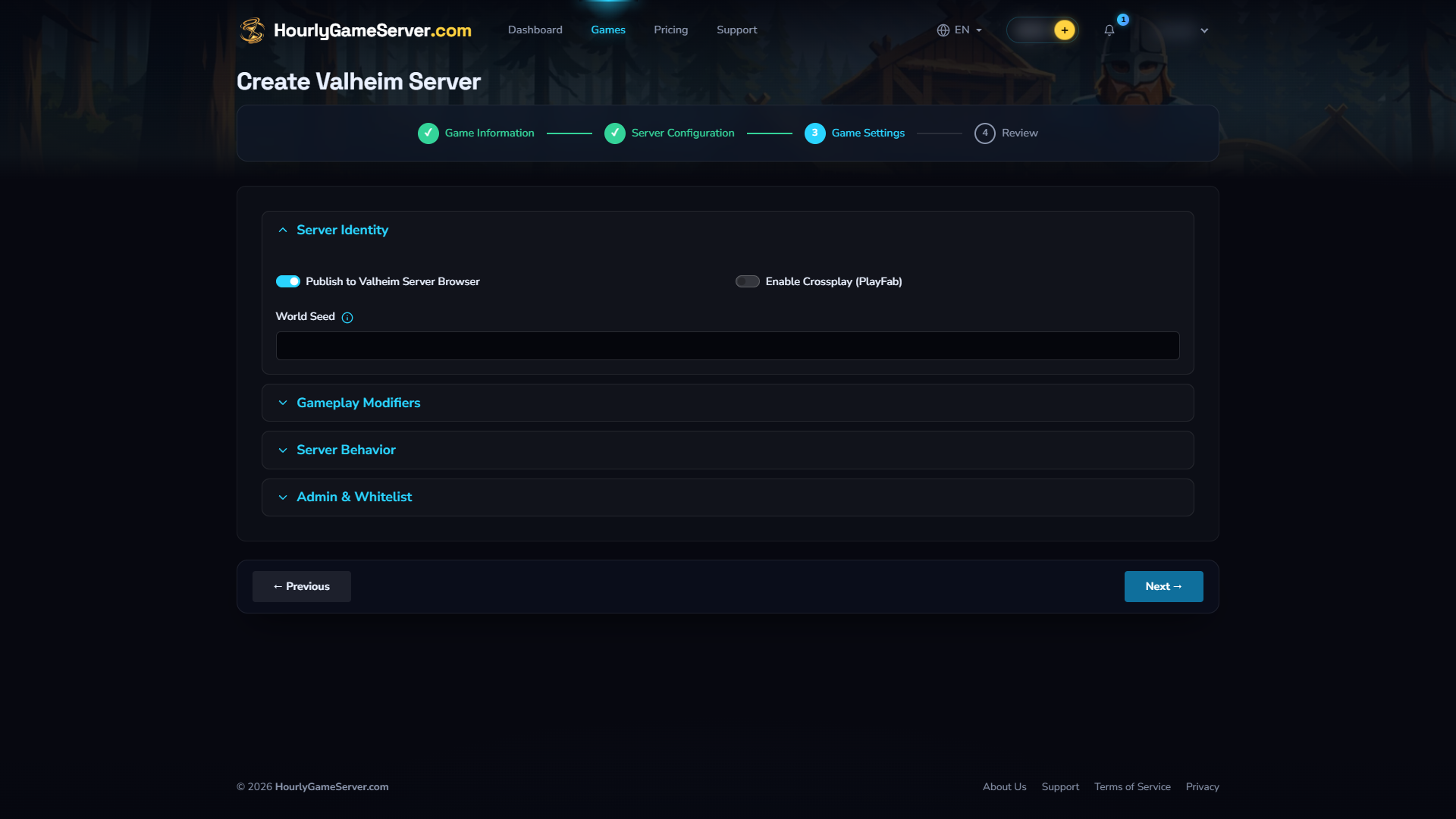 Valheim Game Settings step showing game-specific configuration controls