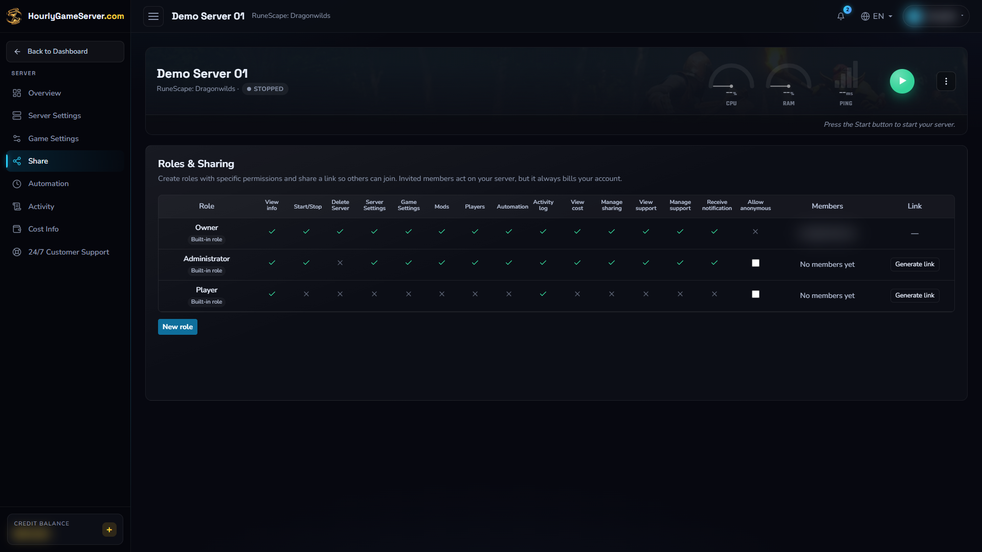 Roles & Sharing showing the built-in Owner, Administrator, and Player roles
