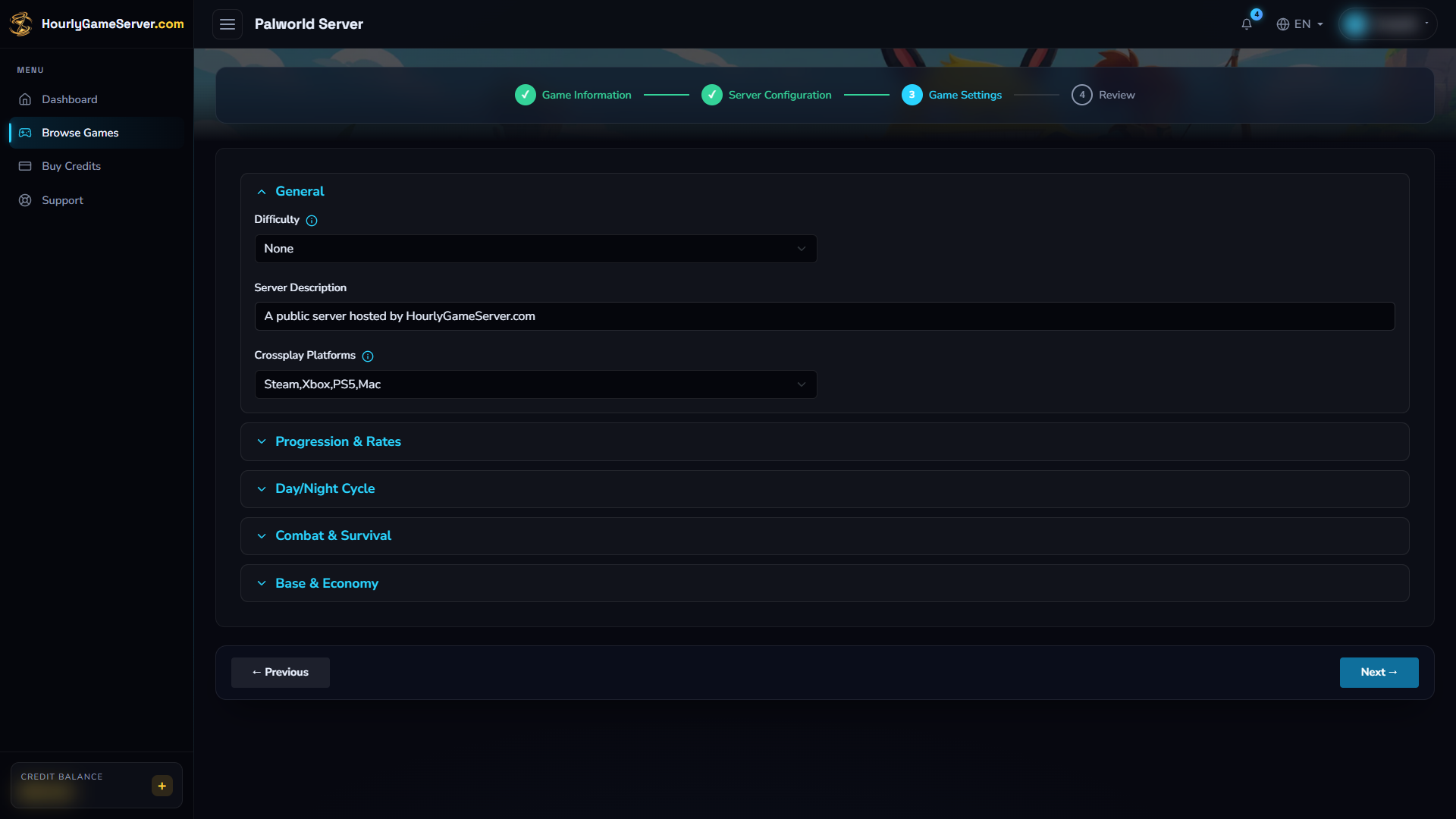 Palworld General settings with Difficulty None and Steam, Xbox, PS5, and Mac allowed