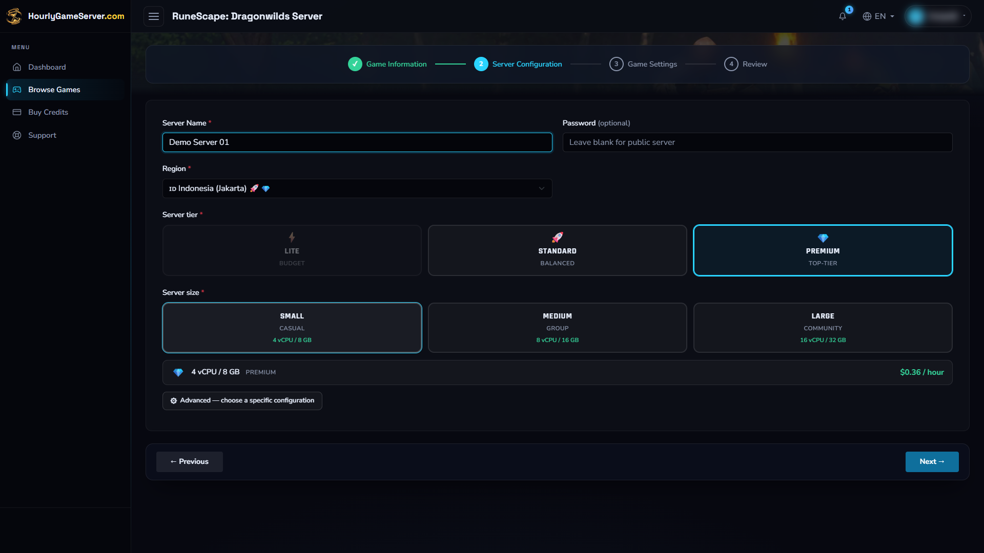 Dragonwilds server configuration with a demo name and Jakarta Premium Small selected