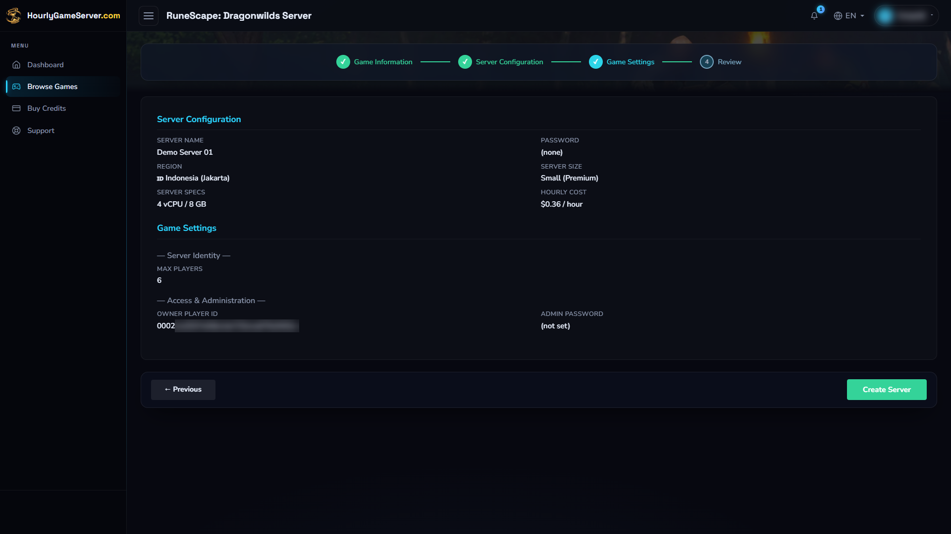 Review of the Dragonwilds demo configuration before creating the server