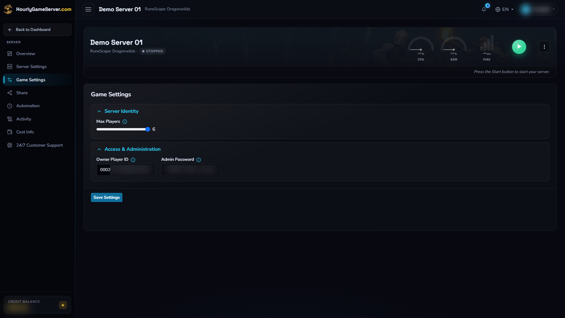 Stopped Dragonwilds instance with editable game settings and the save button