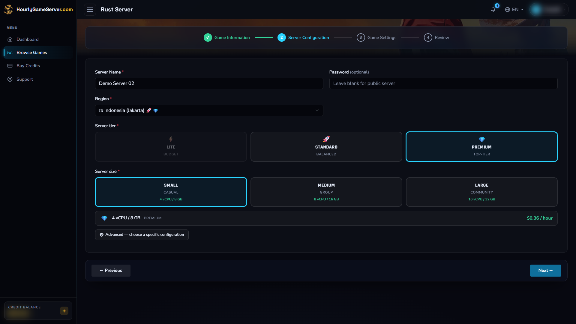 Rust creation form showing the region, tier, and size selectors