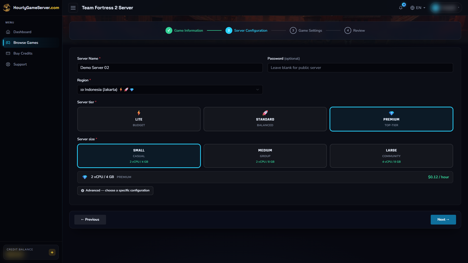Team Fortress 2 creation form with hosting region, tier, and size options
