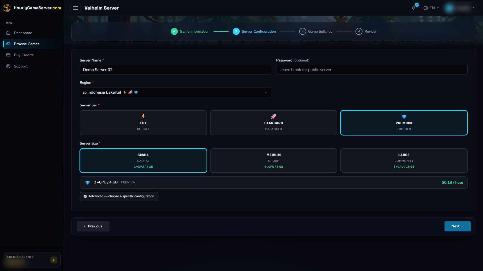 Valheim creation form with Jakarta, Premium, and Small selected