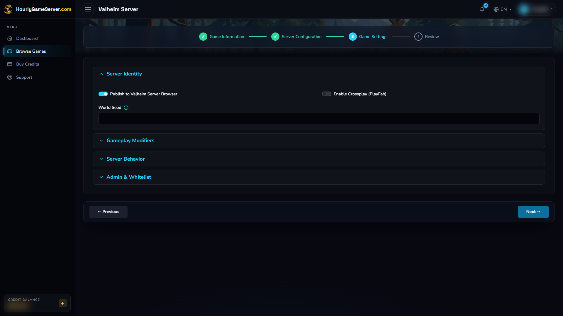 Valheim settings with public listing on, crossplay off, and an empty World Seed