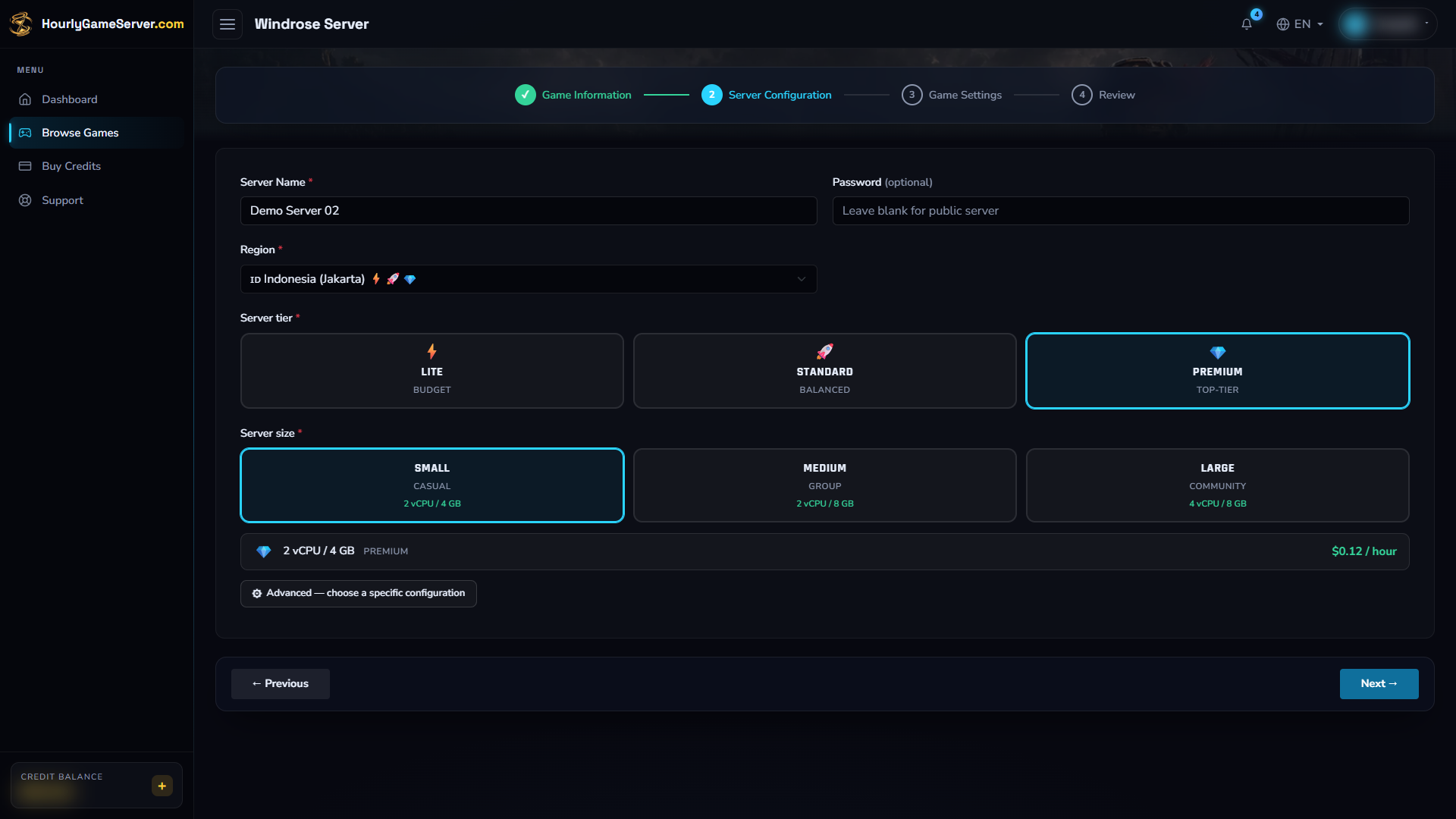 Windrose creation form showing hosting region, tier, and size choices
