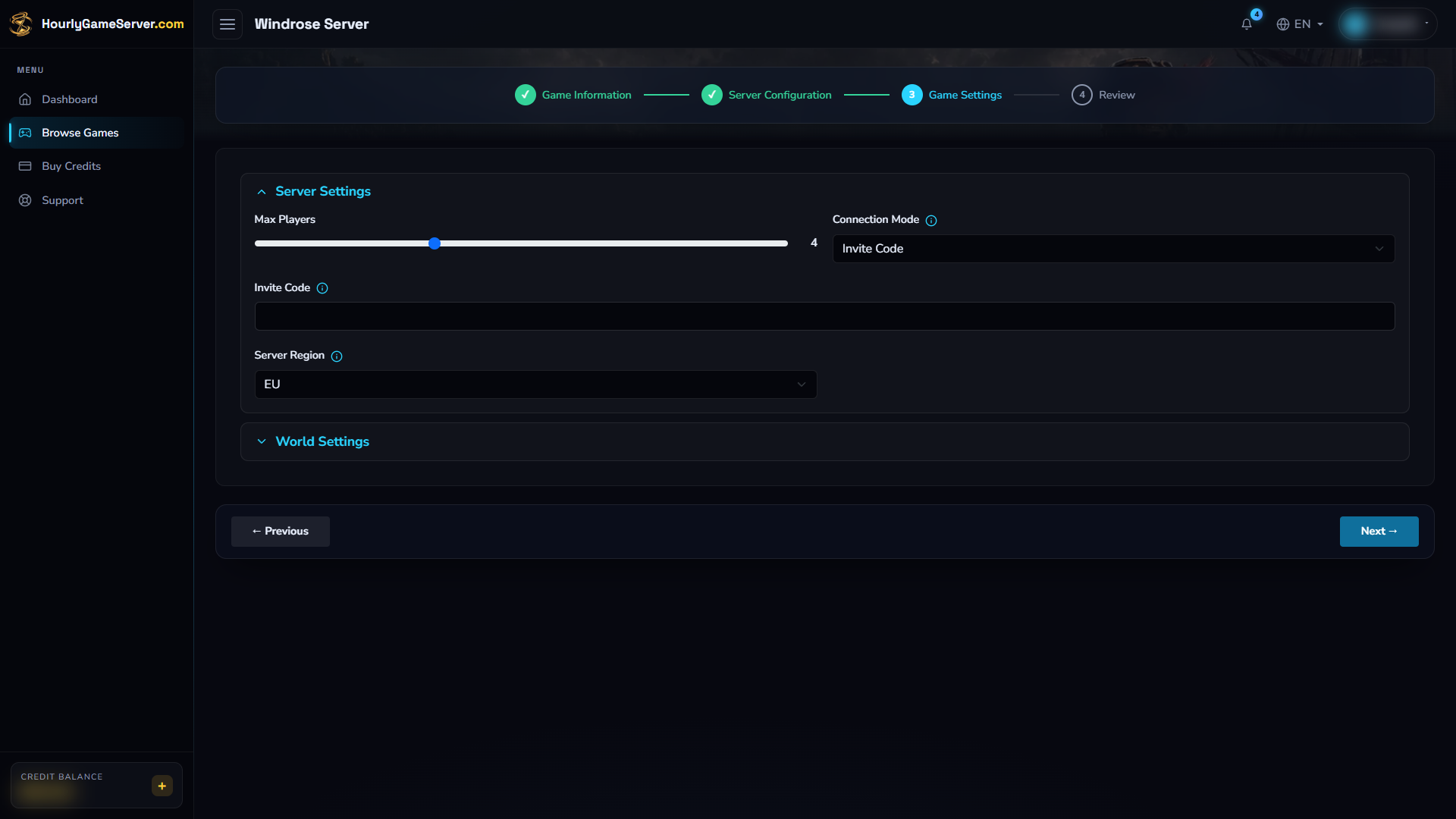 Windrose Server Settings section with player-limit and connection-mode controls