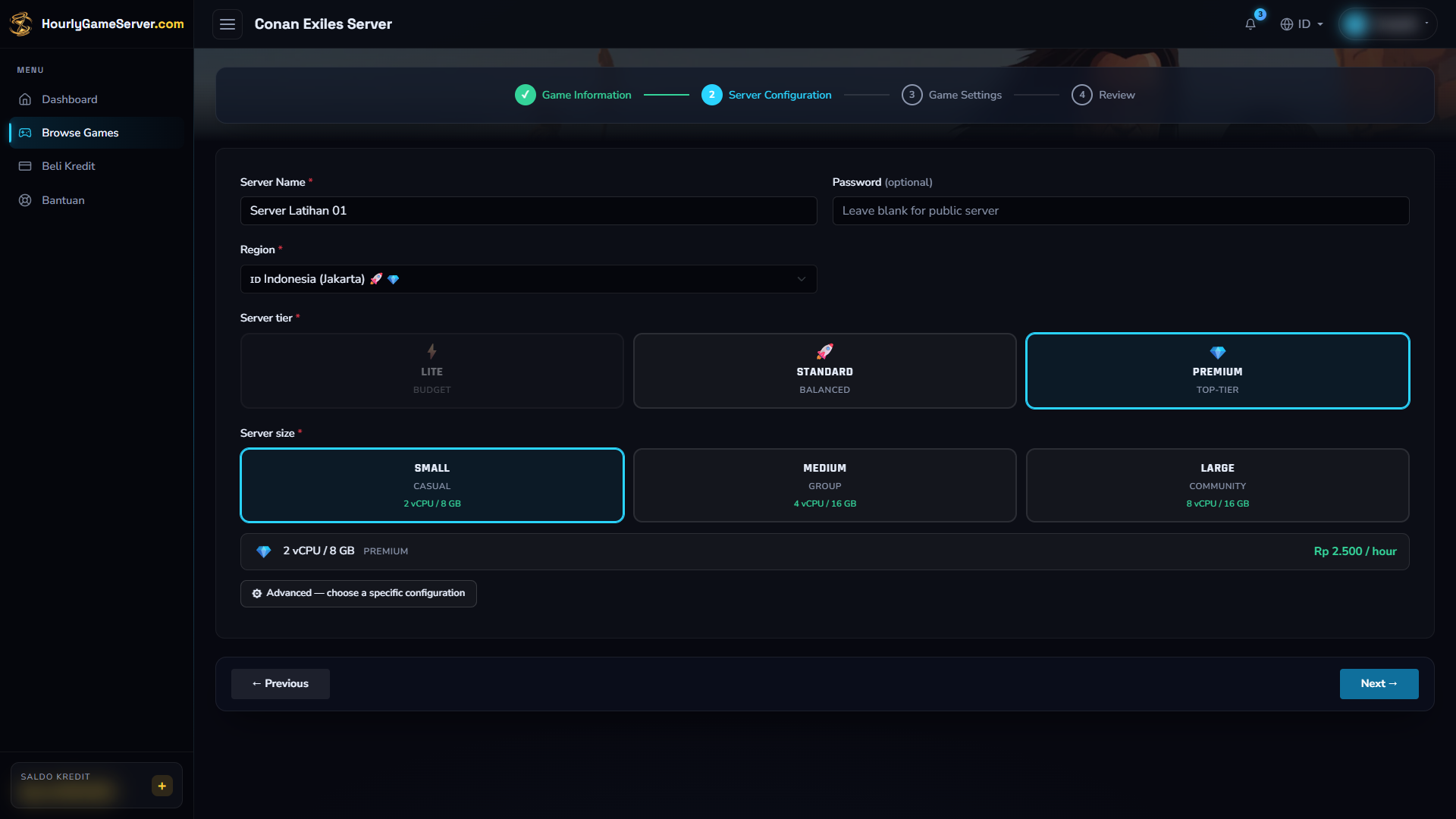Formulir pembuatan Conan Exiles dengan pilihan region, tier, ukuran, dan spesifikasi hosting