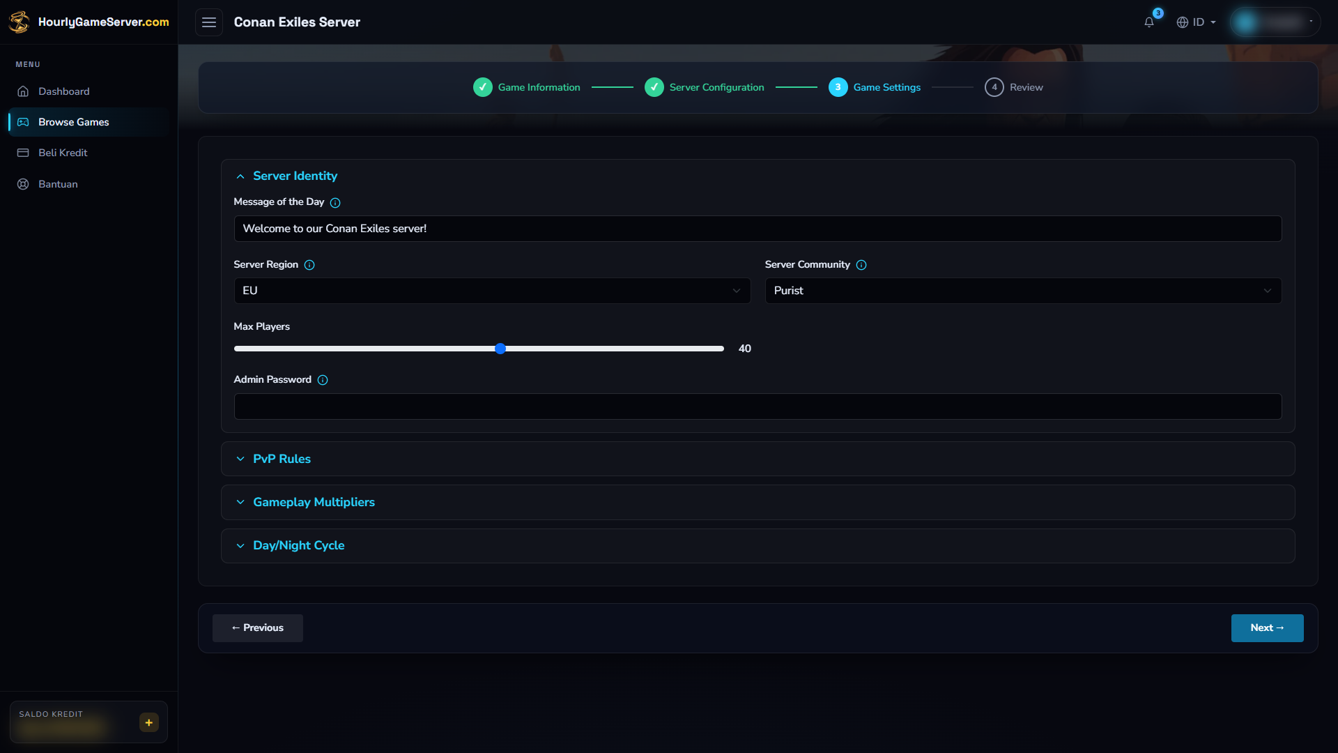 Bagian Server Identity pada pengaturan Conan Exiles dalam formulir pembuatan