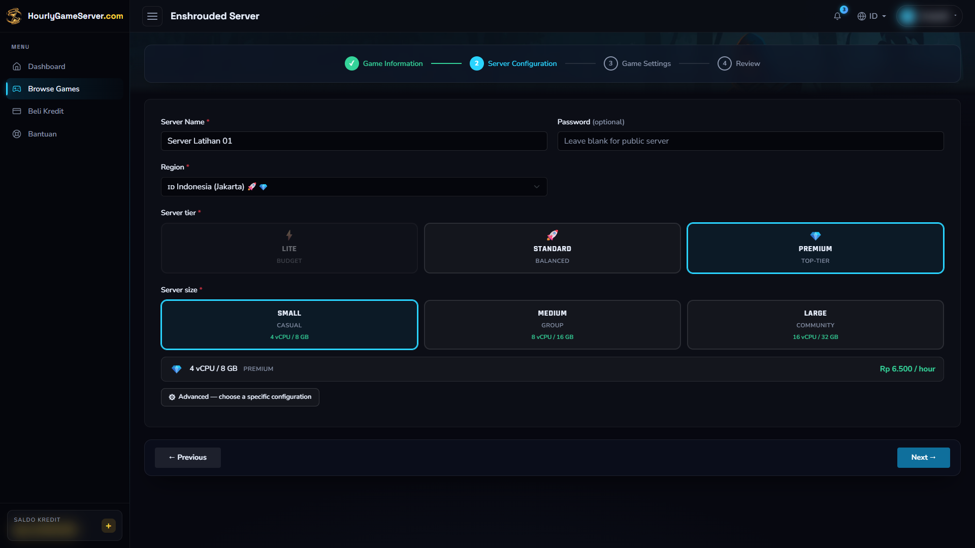 Formulir pembuatan server Enshrouded dengan Jakarta, Premium, dan Small terpilih