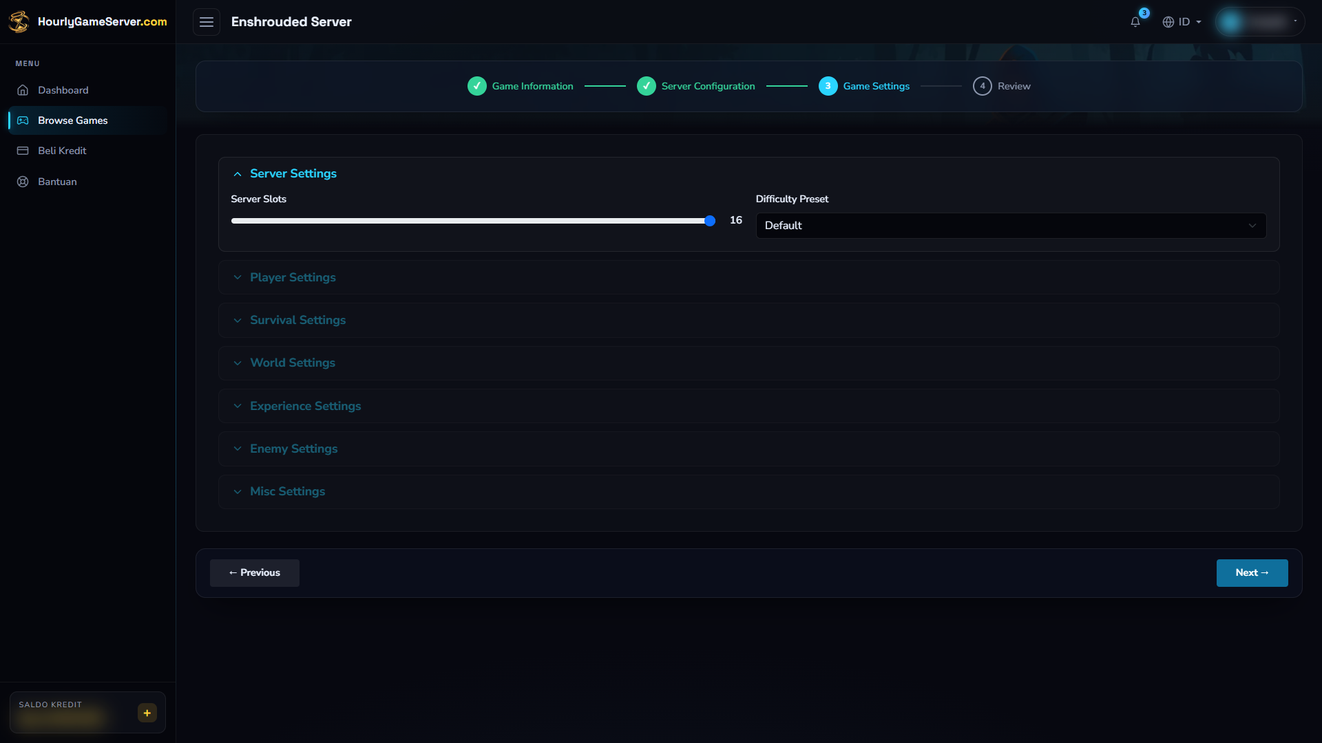 Pengaturan Enshrouded menampilkan Server Slots 16 dan Difficulty Preset Default
