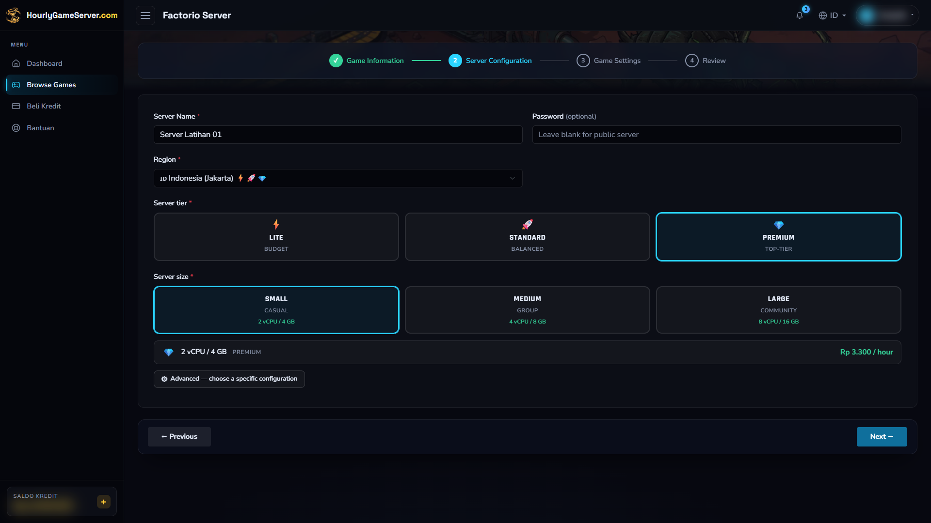 Tahap Server Configuration Factorio dengan pilihan wilayah, tier, ukuran, nama server, dan sandi opsional