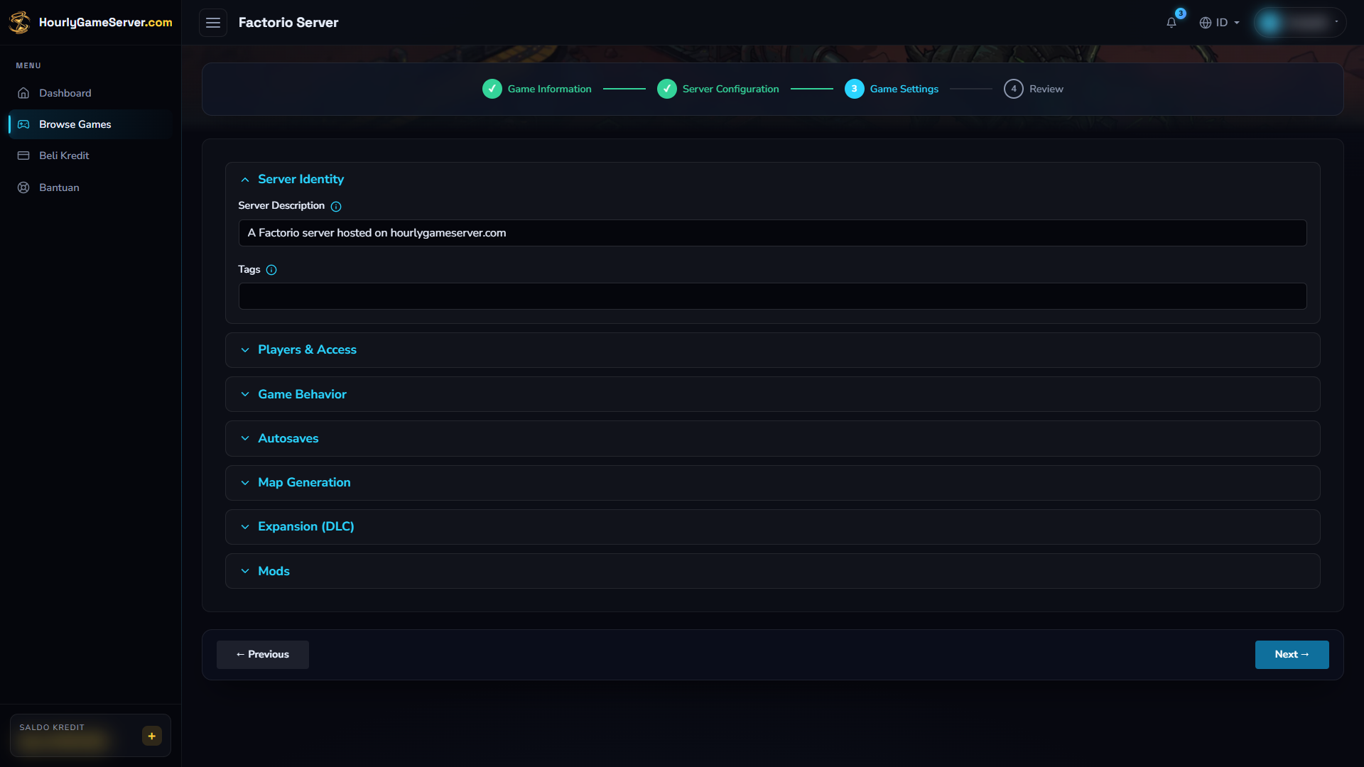 Kelompok Server Identity Factorio terbuka dengan Server Description dan Tags, sementara kelompok pengaturan lain masih tertutup