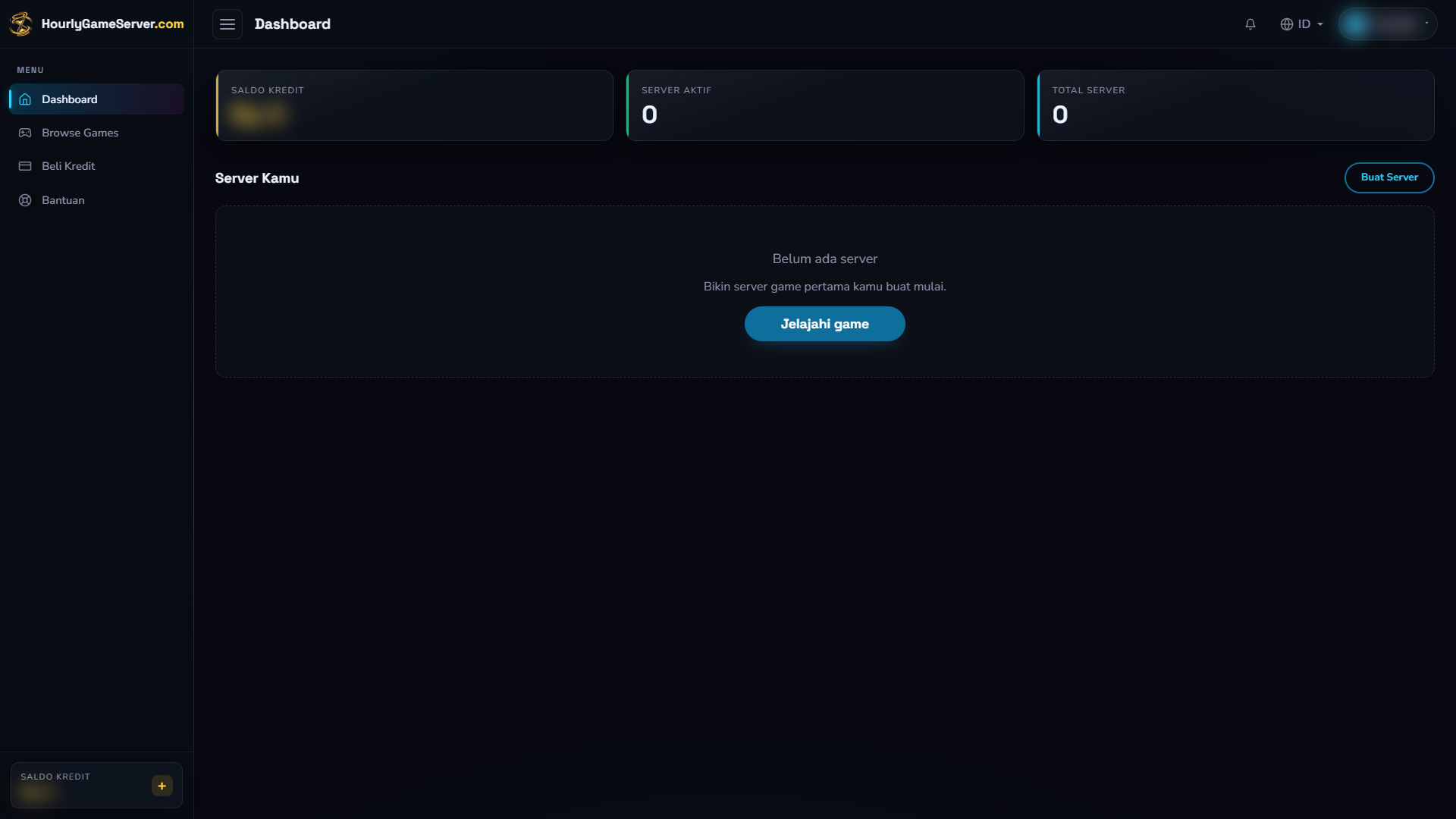 Dashboard dengan ringkasan saldo dan tombol Buat Server saat daftar server masih kosong