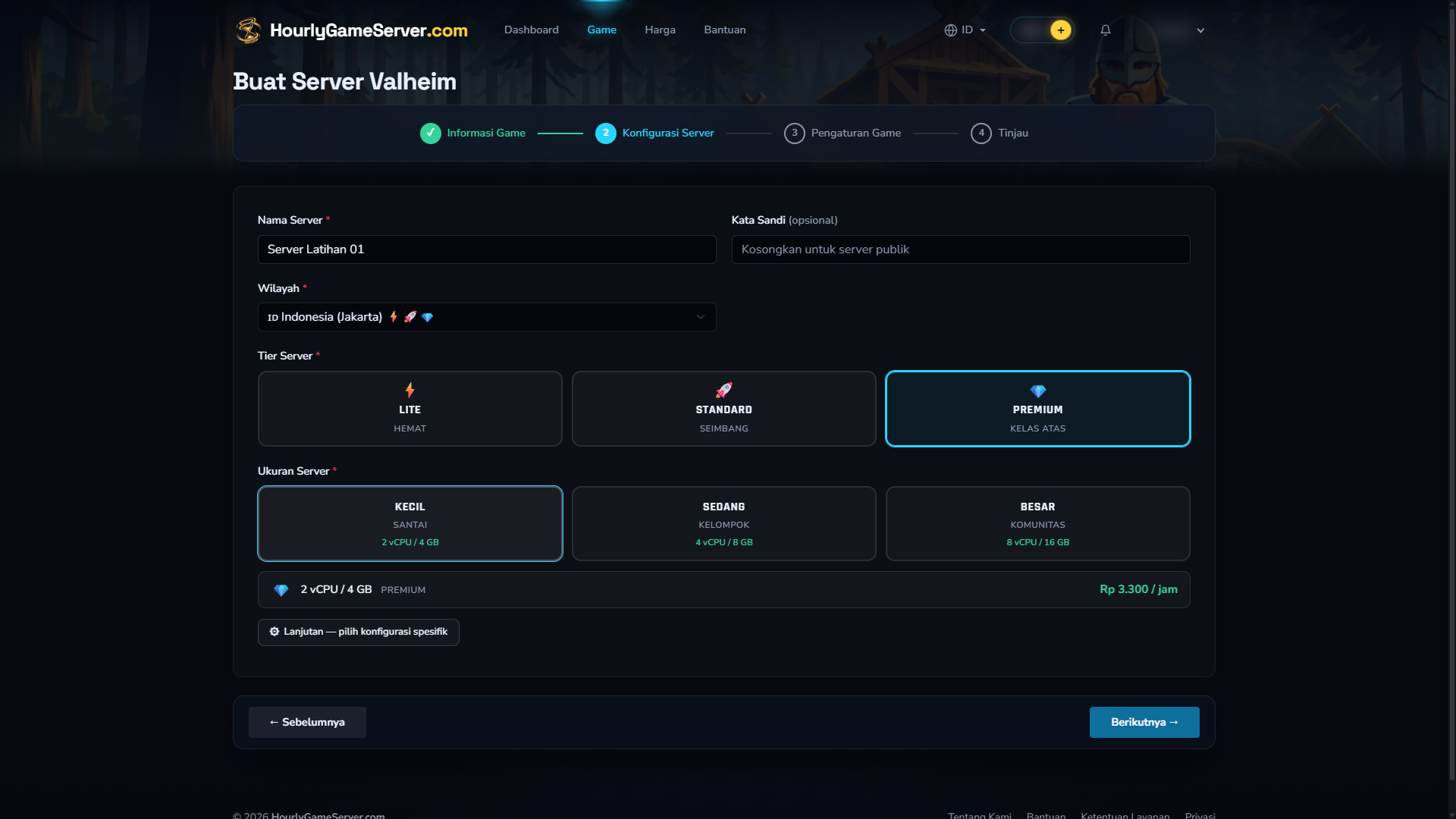 Langkah Konfigurasi Server Valheim dengan pilihan wilayah, tier, dan ukuran