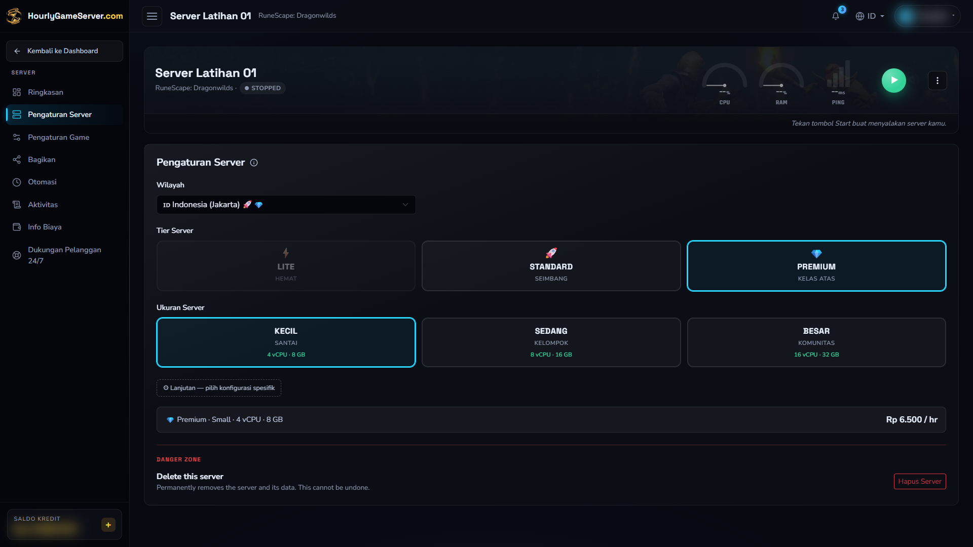 Pengaturan Server Dragonwilds yang berhenti, dengan pilihan wilayah, tier, ukuran, dan kontrol penghapusan