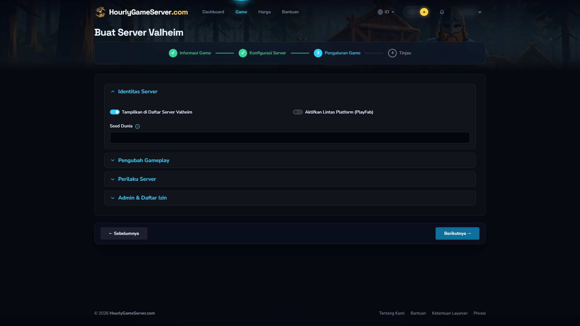 Langkah Pengaturan Game Valheim yang menampilkan opsi khusus game