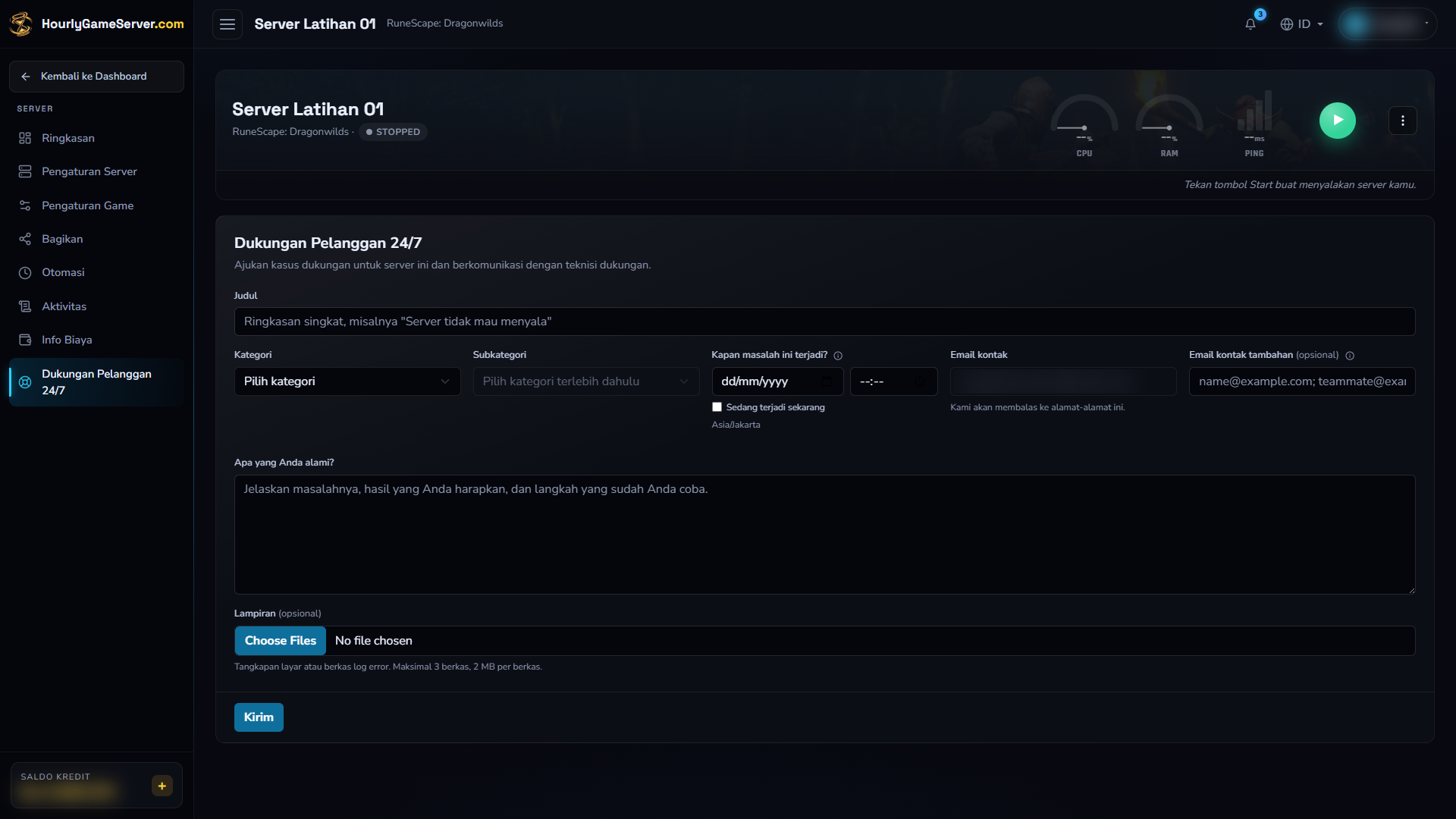 Formulir bantuan server dengan judul, kategori, waktu kejadian, uraian masalah, dan lampiran