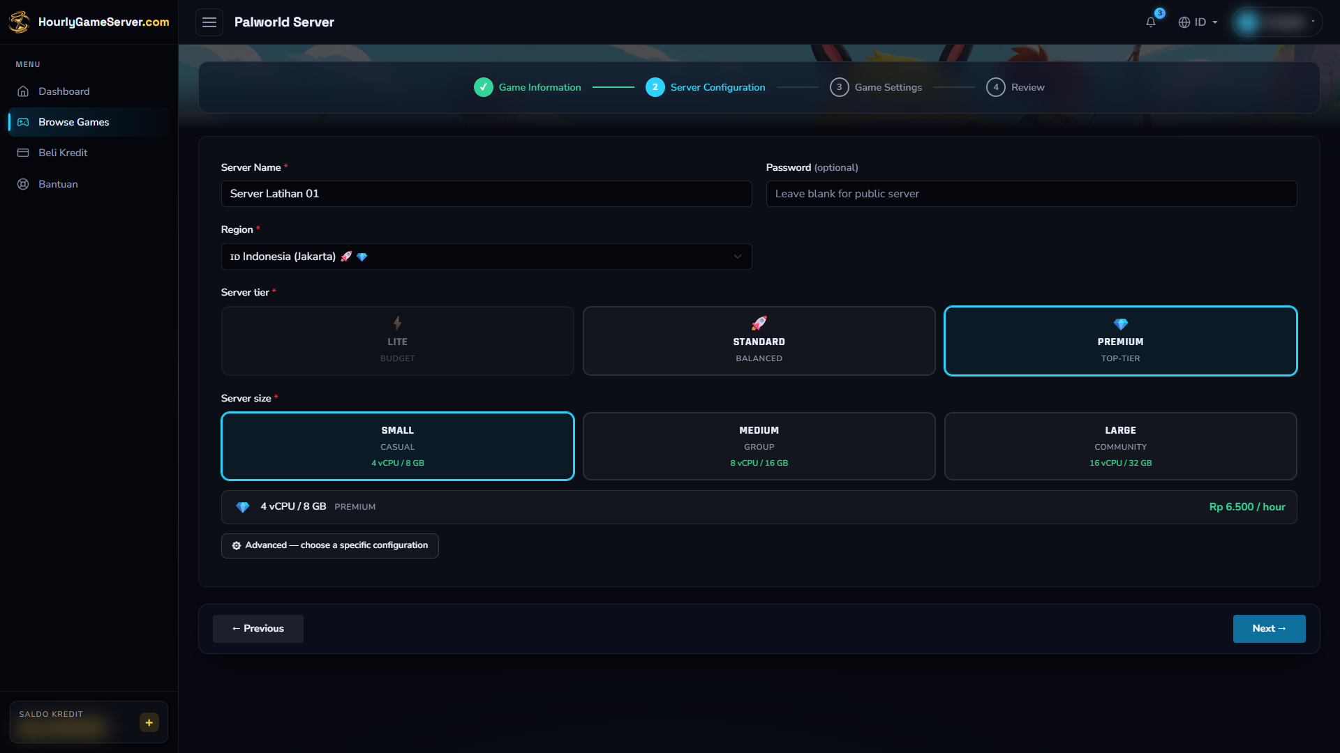 Formulir pembuatan server Palworld dengan contoh Jakarta Premium Small dan RAM 8 GB
