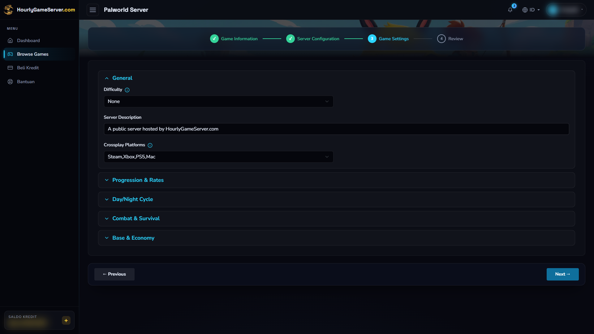 Bagian General Palworld dengan Difficulty None serta Steam, Xbox, PS5, dan Mac diizinkan