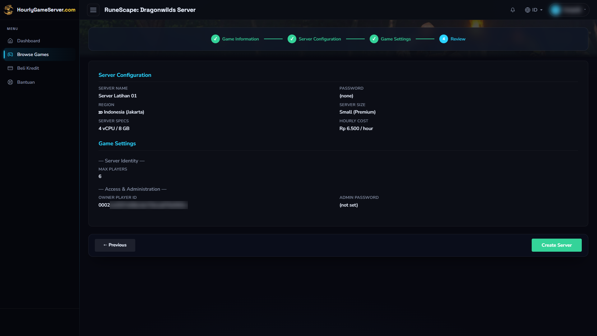 Ringkasan konfigurasi server dan game Dragonwilds sebelum server dibuat