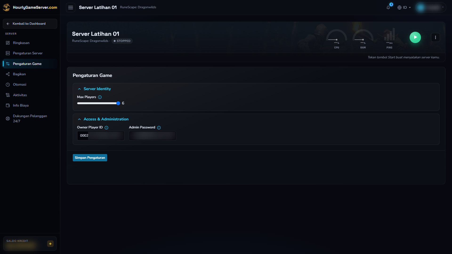 Pengaturan game Dragonwilds yang dapat diedit saat server Stopped, beserta tombol simpan