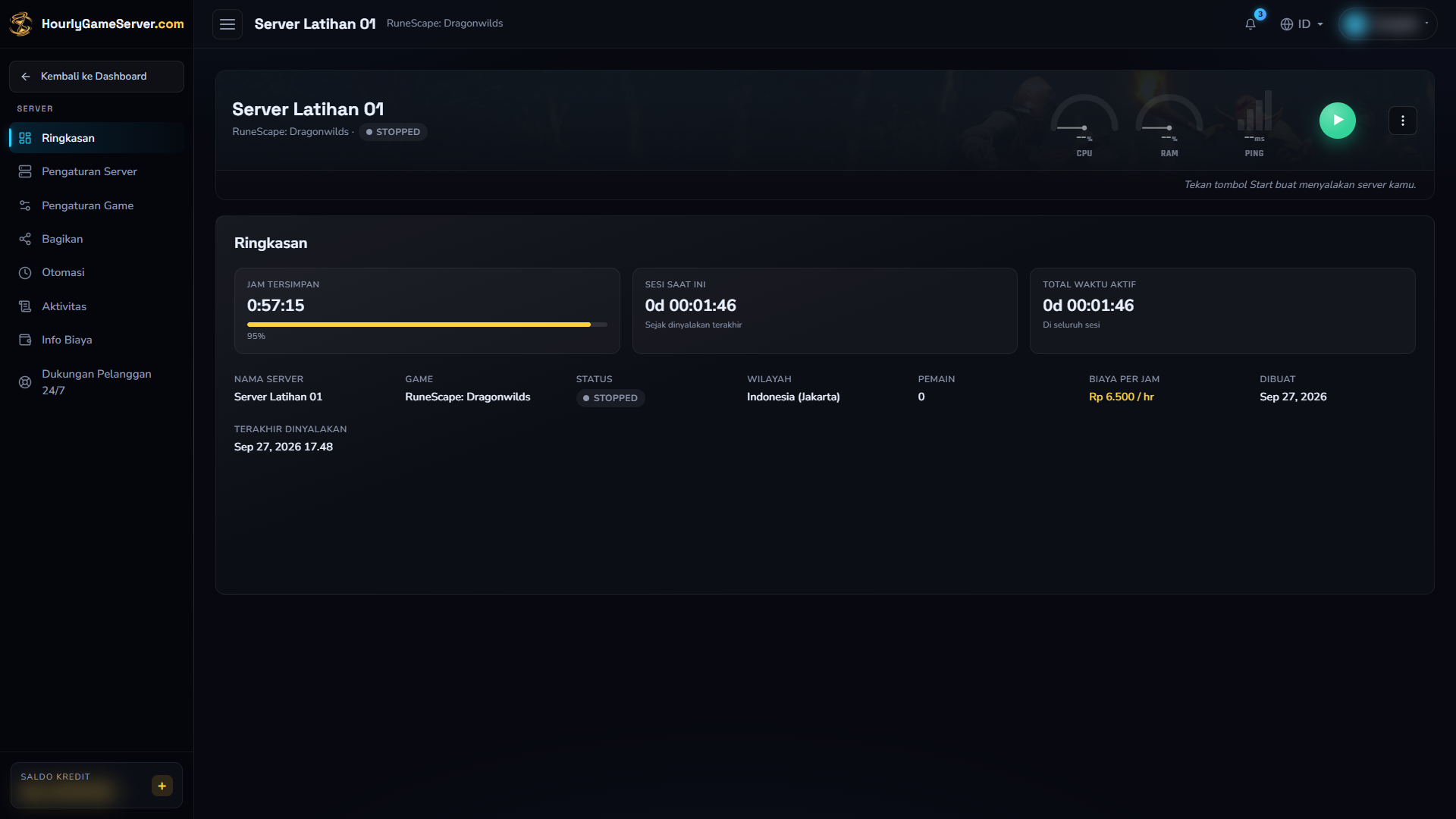 Ringkasan Dragonwilds dengan status Stopped, wilayah, dan tombol Nyalakan