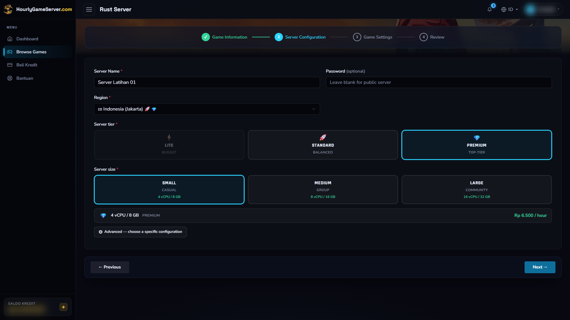 Formulir awal server Rust yang menampilkan pilihan wilayah, tier, dan ukuran
