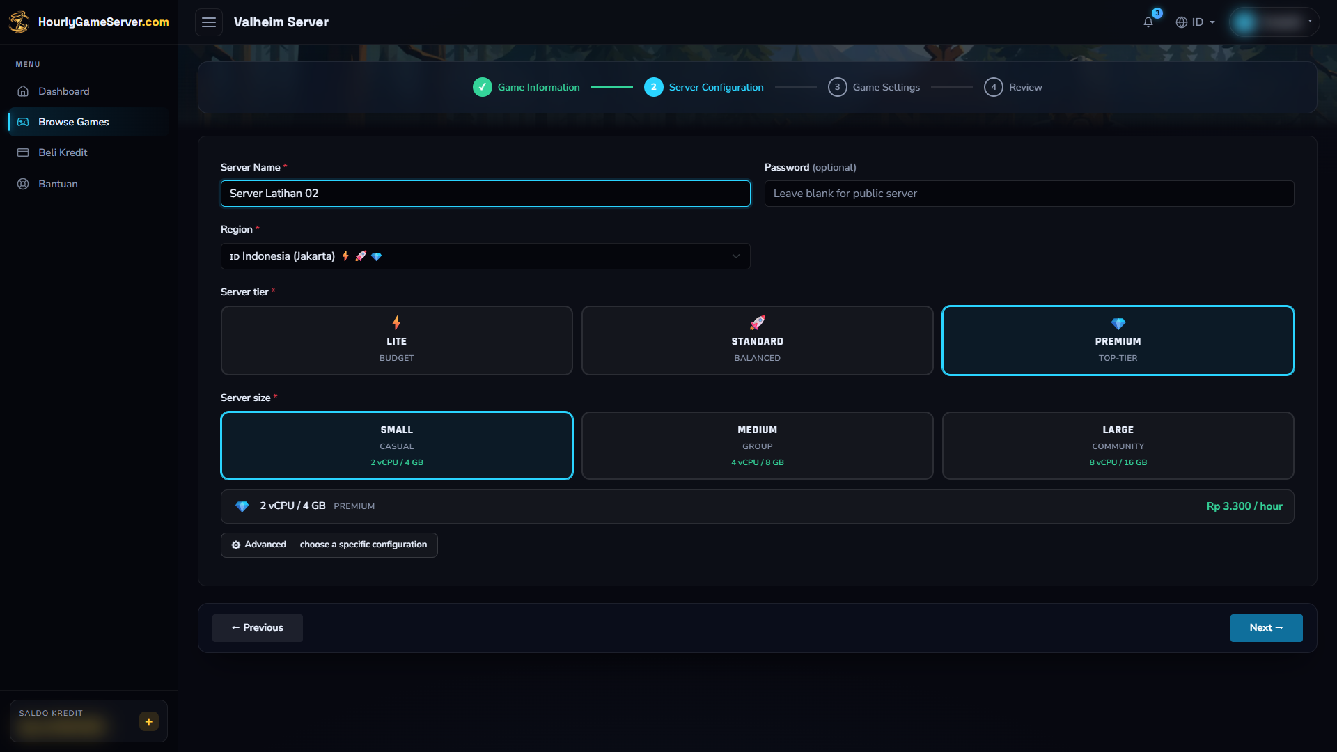 Formulir pembuatan server Valheim dengan pilihan Jakarta, Premium, dan Small