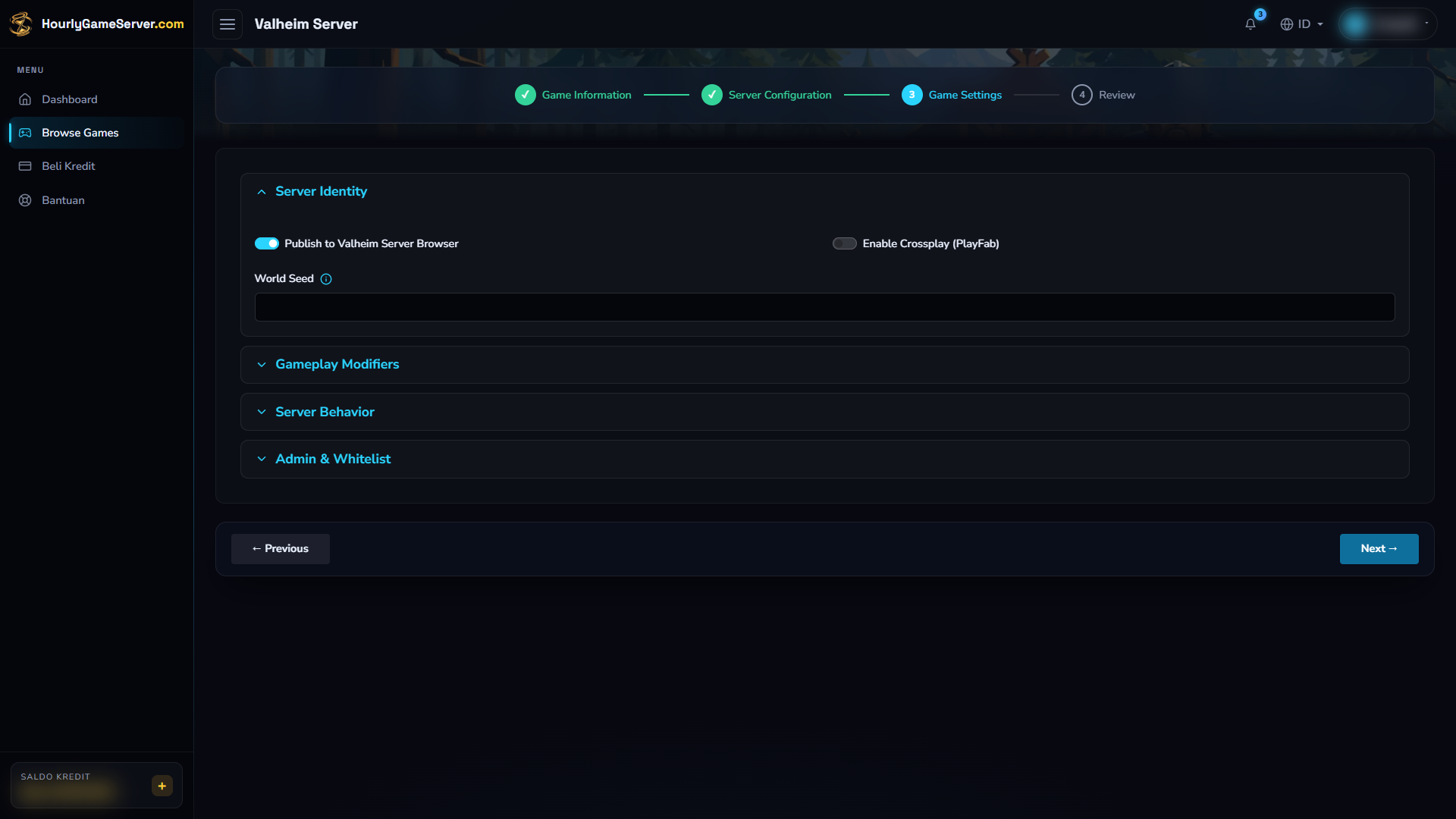 Pengaturan Valheim menampilkan publikasi server aktif, crossplay nonaktif, dan World Seed kosong