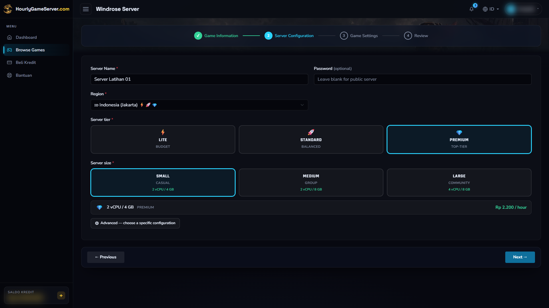 Formulir pembuatan Windrose dengan pilihan region, tier, dan ukuran hosting